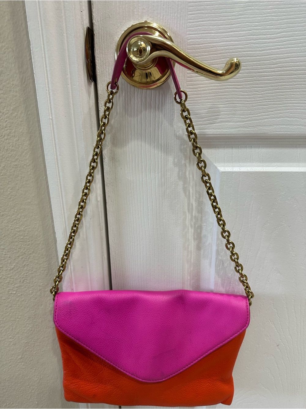 J. Crew Hot Pink and Orange Leather Chain-strap Clutch
